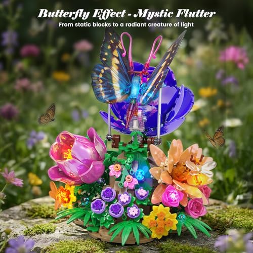 Brihappen Butterfly Building Sets with Moving Wings LED Lights Botanical Flowers Collection Building Blocks for Adults Butterfly Gifts Model Building Kits for Mom Girlfriend Wife on Birthday Valentines Day - Image 5