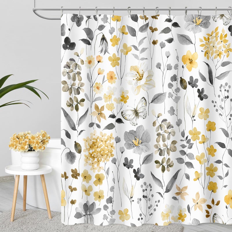 MAYZUS Yellow Floral Shower Curtain, Yellow Grey Cute Flower Fabric Shower Curtain for Bathroom, Watercolor Wildflower Butterfly Cloth Shower Curtain Set with Hooks, 72x72 - Image 1