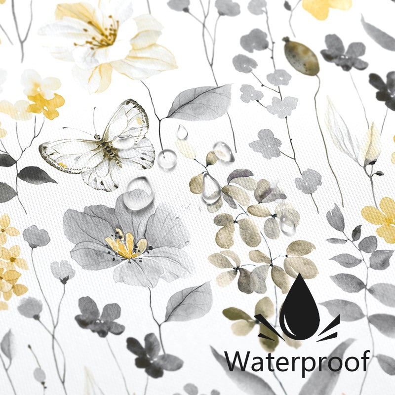 MAYZUS Yellow Floral Shower Curtain, Yellow Grey Cute Flower Fabric Shower Curtain for Bathroom, Watercolor Wildflower Butterfly Cloth Shower Curtain Set with Hooks, 72x72 - Image 4