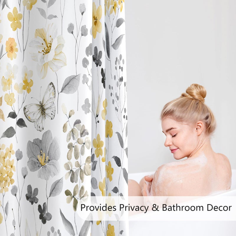 MAYZUS Yellow Floral Shower Curtain, Yellow Grey Cute Flower Fabric Shower Curtain for Bathroom, Watercolor Wildflower Butterfly Cloth Shower Curtain Set with Hooks, 72x72 - Image 3
