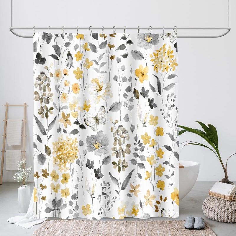 MAYZUS Yellow Floral Shower Curtain, Yellow Grey Cute Flower Fabric Shower Curtain for Bathroom, Watercolor Wildflower Butterfly Cloth Shower Curtain Set with Hooks, 72x72 - Image 2