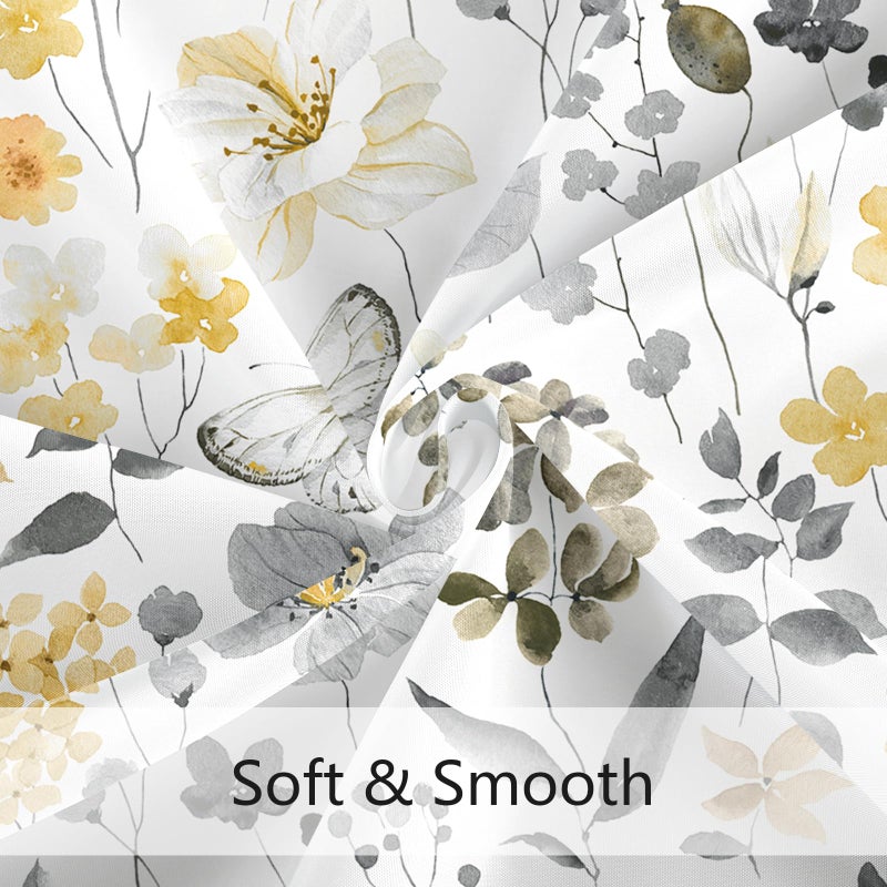 MAYZUS Yellow Floral Shower Curtain, Yellow Grey Cute Flower Fabric Shower Curtain for Bathroom, Watercolor Wildflower Butterfly Cloth Shower Curtain Set with Hooks, 72x72 - Image 5
