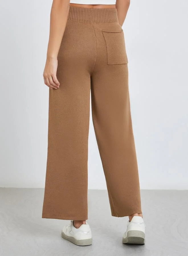 Styli Flat Knit Wide Leg Pants with Drawstring Waist