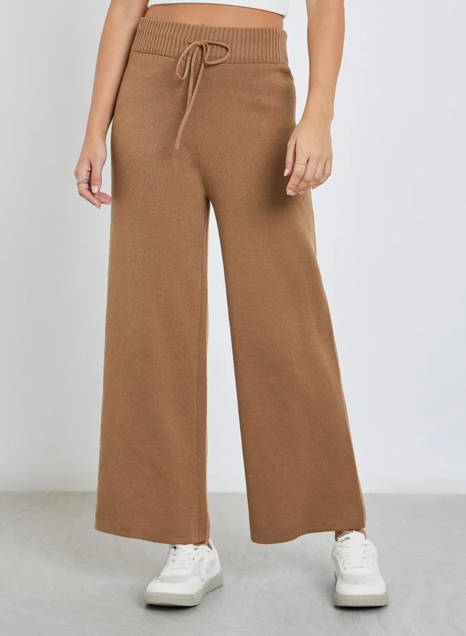 Styli Styli Flat Knit Wide Leg Pants with Drawstring Waist
