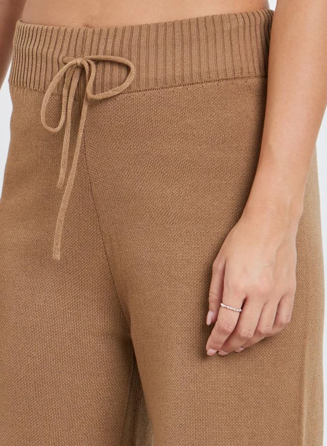 Styli Flat Knit Wide Leg Pants with Drawstring Waist
