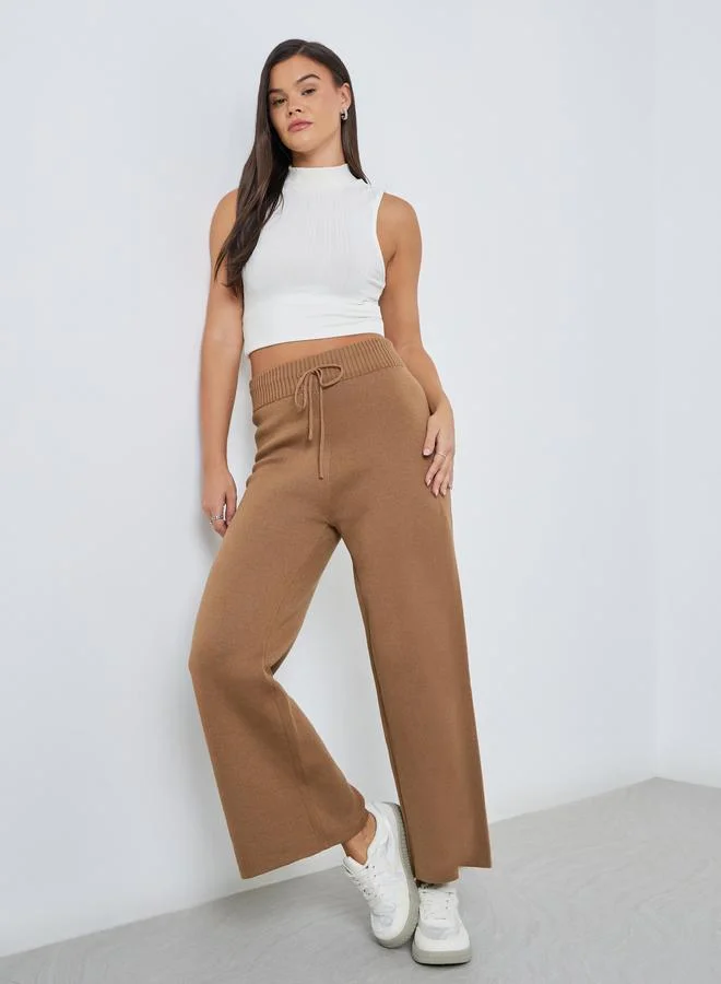 Styli Styli Flat Knit Wide Leg Pants with Drawstring Waist
