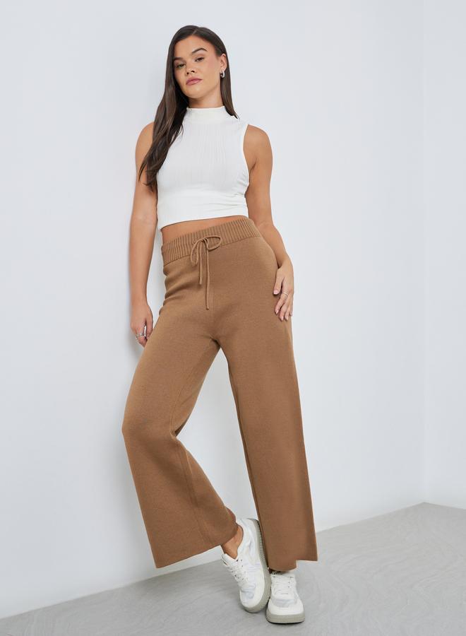 Styli Flat Knit Wide Leg Pants with Drawstring Waist - Image 1