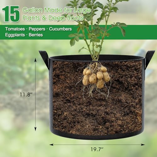 FEED GARDEN 15 Gallon Grow Bags 4 Pack Heavy Duty 300G Thick Fabric Plant Pots with Reinforced Handles Breathable Drainage Planters for Tomatoes Potatoes Large Vegetables Indoor Outdoor - Image 3