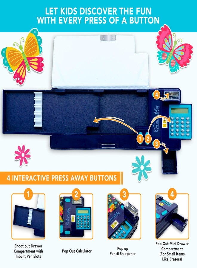 Decorably Pop Up Butterfly Multifunctional Pencil Case for Girls with Calculator, Sharpener, Pen Slots, Mini Drawer and 2 Main Compartments with Magnetic Closure - Back to School Gift for Kids - Image 2