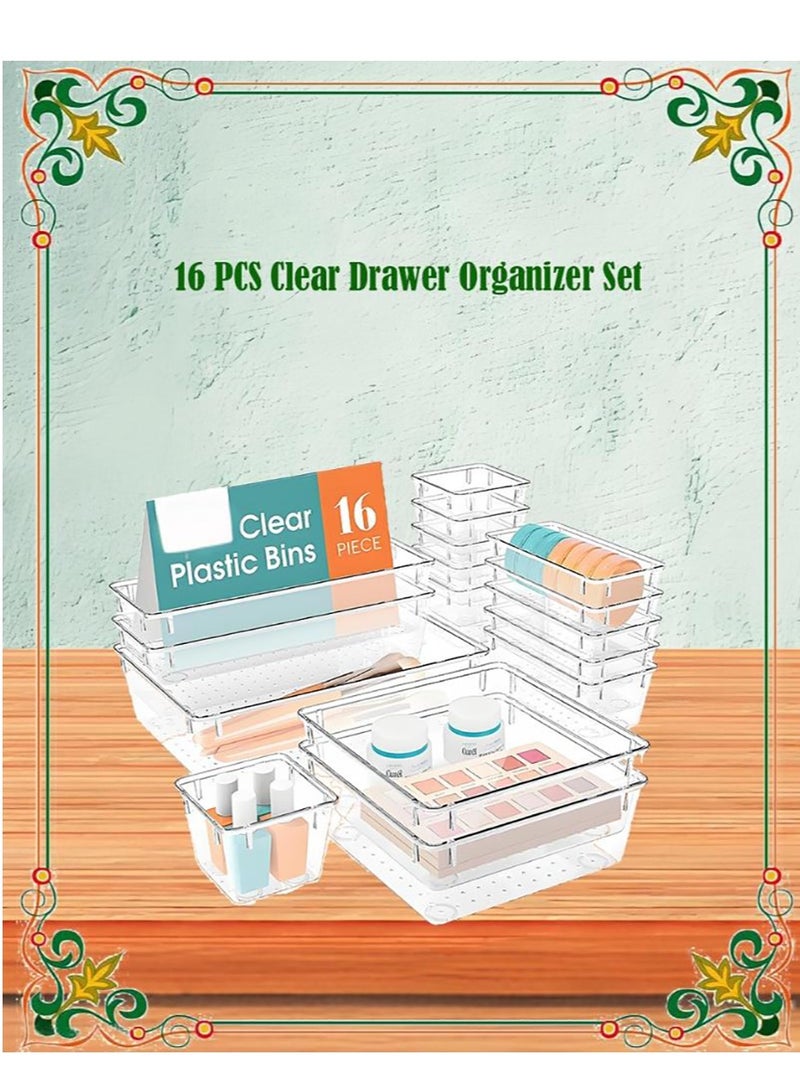 مجموعة من 16 قطعة من أدوات تنظيم الأدراج البلاستيكية الشفافة (4 أحجام) صواني تخزين بلاستيكية لأدوات المطبخ والمكياج والحمام والتزيين ومكتب العمل وأدراج الخزانة - Image 1