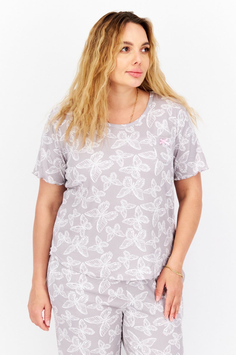 PJ Couture Women 2 Piece Allover Print Short Sleeve Top And Pajama Set, Grey/White - Image 4