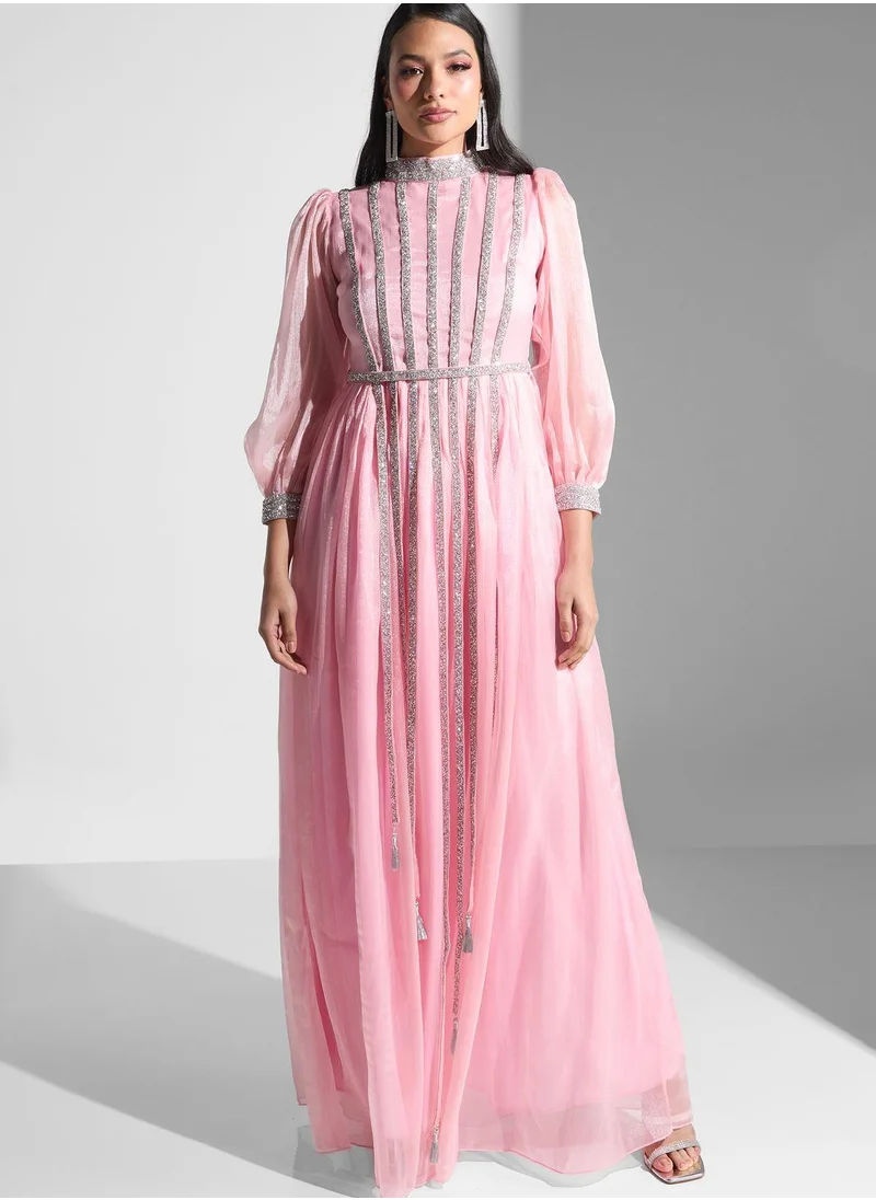 Golden Apple Embellished Puff Sleeve Dress