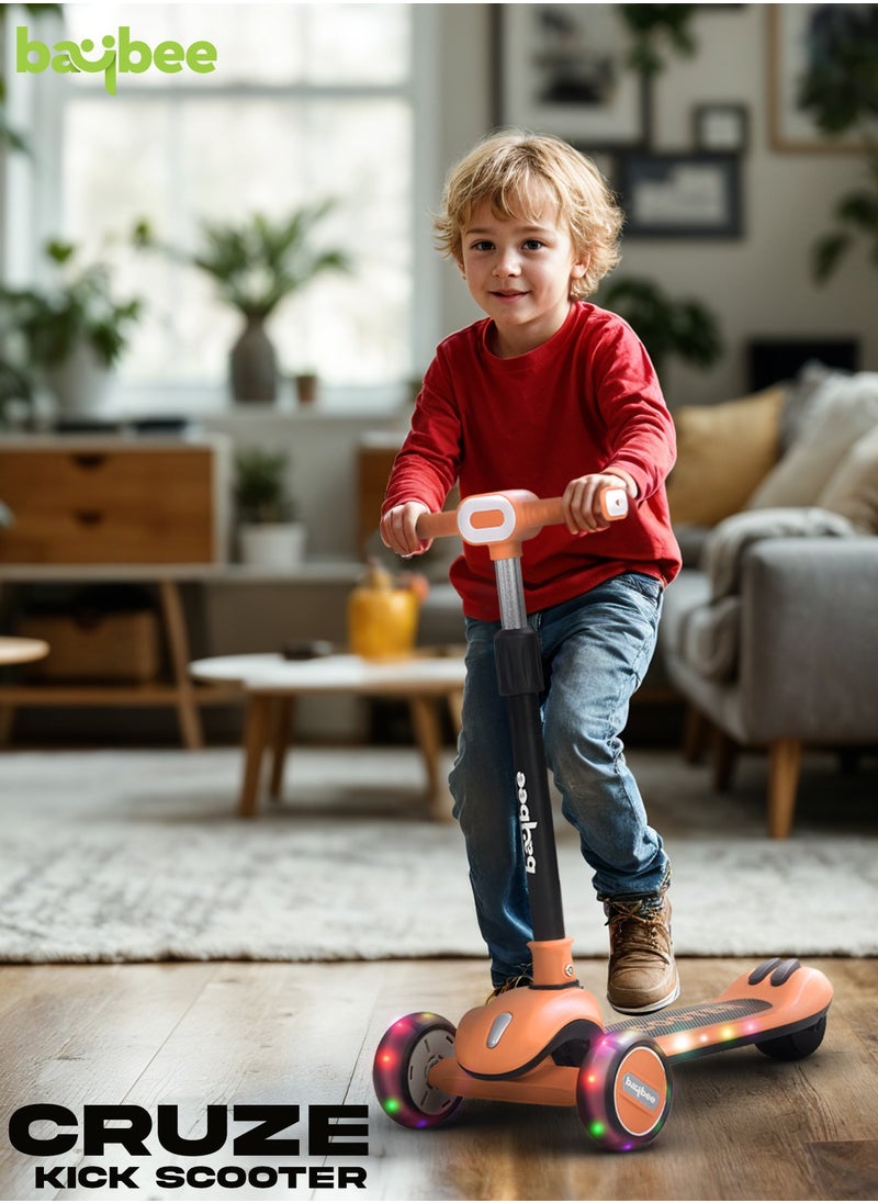 BAYBEE - Baybee Cruze Skate Scooter for Kids 3 Wheel Kids Scooter with 3 Height Adjustable Baby Scooter with LED PU Wheels, Light & Music Kick Scooter for Baby Scooter for Kids 3 to 8 Years Boy Girl Orange - Image 1