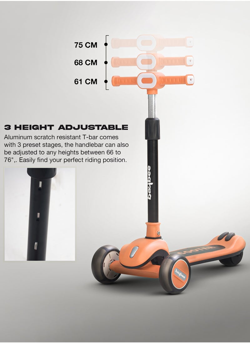 BAYBEE - Baybee Cruze Skate Scooter for Kids 3 Wheel Kids Scooter with 3 Height Adjustable Baby Scooter with LED PU Wheels, Light & Music Kick Scooter for Baby Scooter for Kids 3 to 8 Years Boy Girl Orange - Image 1