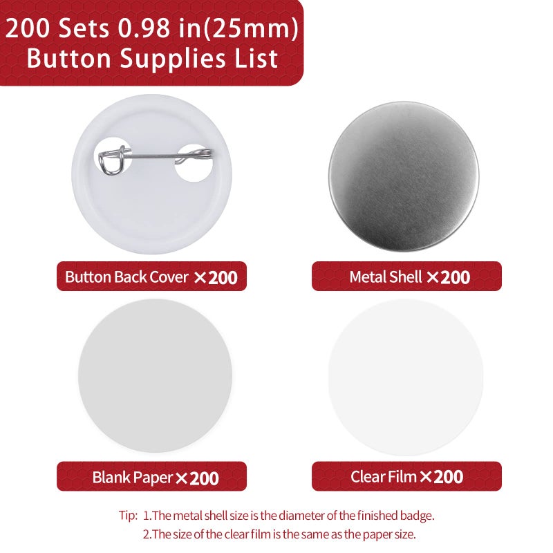 Onemorello 200 Sets Button Maker Supplies, 0.98 inch / 25mm Button Parts Buttons Supplies, Approx. 1 in Blank Badge Parts with Blank Paper for Buttons Maker Machine Pin Maker Press - Image 2