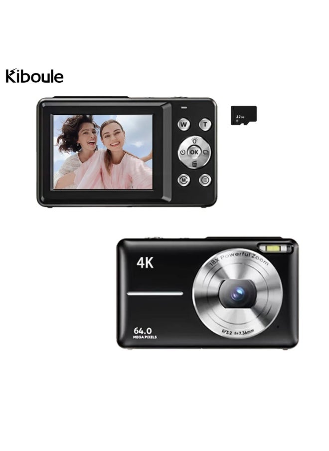Kiboule Digital Camera 64MP Digital Video Camera 2.4 Inch Screen 18X Digital Zoom Built-in Battery with 32GB SD Card  Birthday Gift for Teens Students Friends  - Image 1