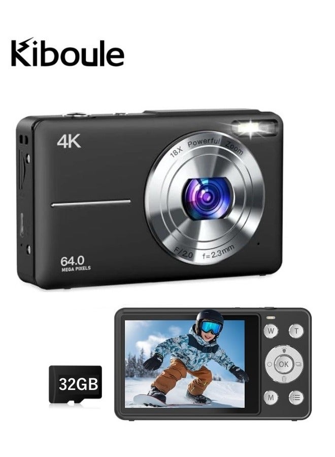 Kiboule Digital Camera 64MP Digital Video Camera 2.4 Inch Screen 18X Digital Zoom Built-in Battery with 32GB SD Card  Birthday Gift for Teens Students Friends - Image 1