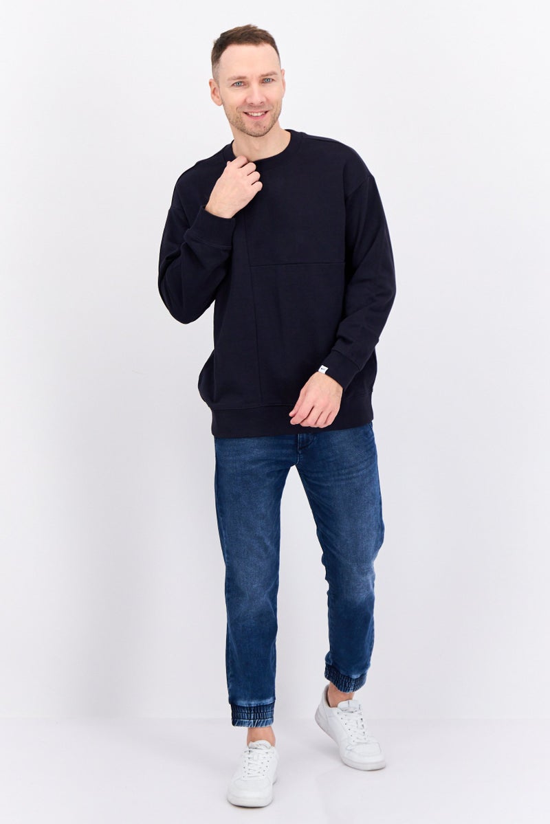 GAS Men Crew Neck Plain Long Sleeves Sweatshirt, Navy - Image 4
