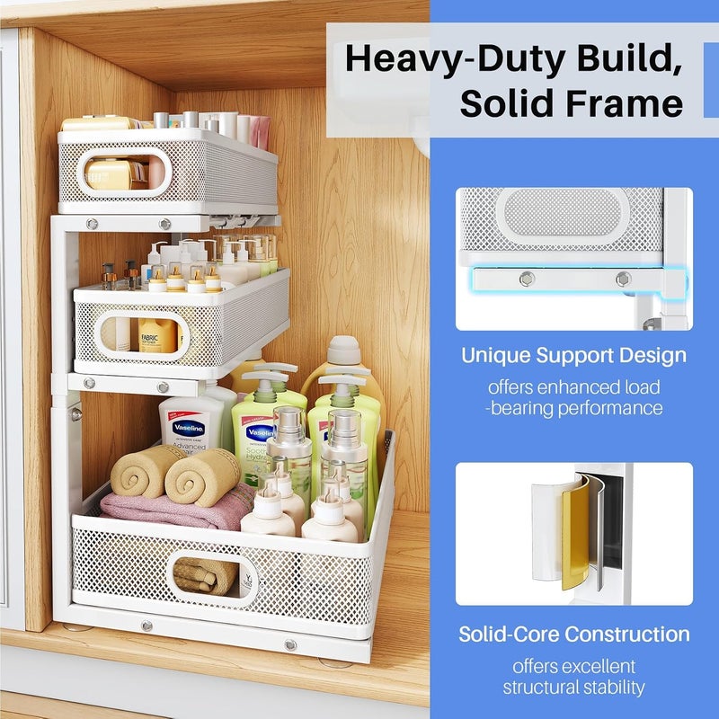 CENXI Under Sink Organizer, 2 Pack 3 Tier Height Adjustable Thickened Metal Pull out Cabinet Organizer Shelf, Slide out Storage Drawer Rack for Bathroom Kitchen Pantry Home Laundry Organization (White) - Image 5