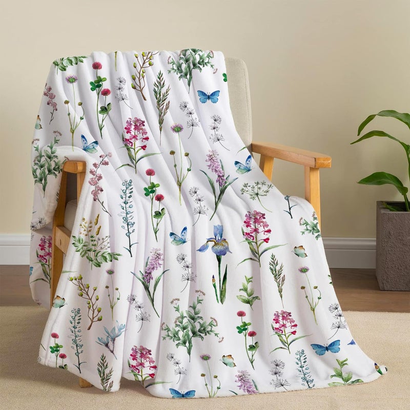 Tupmnbry Wildflowers Throw Blanket Botanical Floral Blanket Super Soft Flannel Throw Blankets Lightweight Fluffy Plush Fuzzy Bed Blankets for Bedding Sofa and Travel 50X60