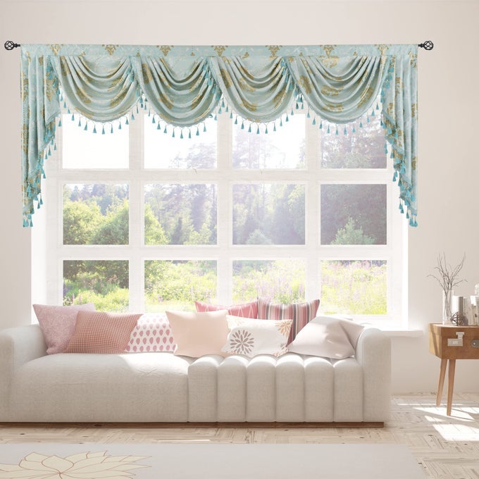 DAMASK AQUA WATERFALL VALANCES FOR WINDOWS BEADED VALANCE FOR LIVING ROOM ROOM DARKENING SWAG VALANCE FOR BEDROOM JACQUARD TASSEL VALANCES FOR KITCHEN BANQUET 1 PANEL W110 INCH