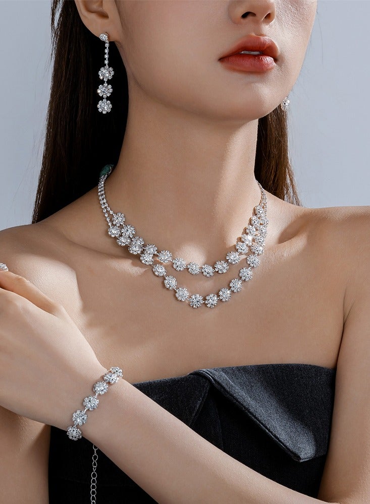 DINGKA 3 Pcs Necklace Earrings Set Flowers Charm Layered Chain Ear Dangle Bridal Evening Dress Accessories for Women Silver/Clear - Image 3