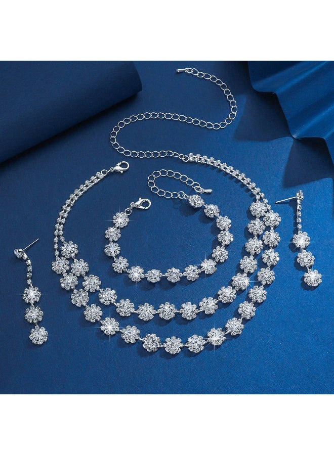 DINGKA 3 Pcs Necklace Earrings Set Flowers Charm Layered Chain Ear Dangle Bridal Evening Dress Accessories for Women Silver/Clear - Image 4
