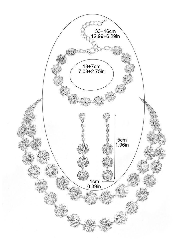 DINGKA 3 Pcs Necklace Earrings Set Flowers Charm Layered Chain Ear Dangle Bridal Evening Dress Accessories for Women Silver/Clear - Image 5