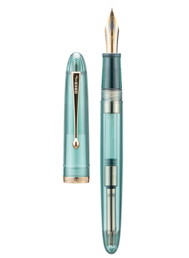 Wikult Jinhao 9019 Acrylic Fountain Pen, Size 8 Medium Nib with Ink Converter, Transparent Light Blue Classic Design Smooth Writing Pen (Gold Trim) - Image 1