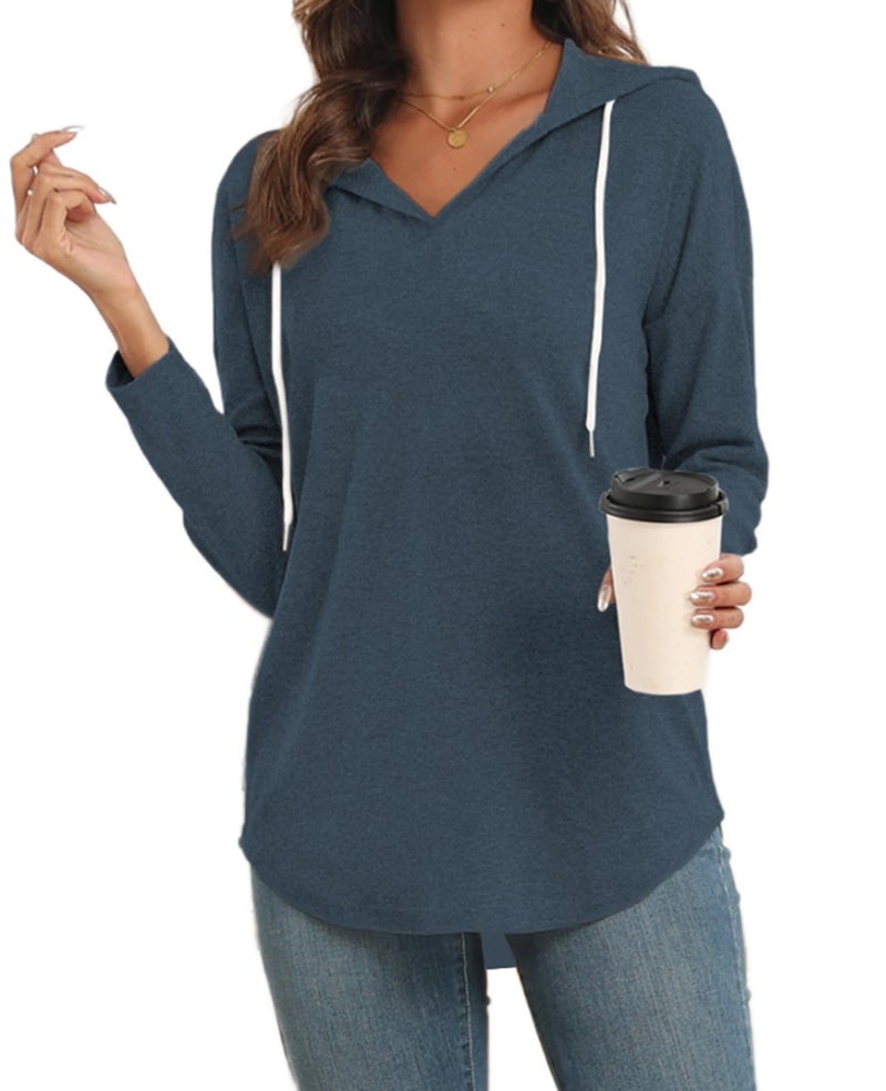 Poetsky Lightweight Athletic Hoodies for Women Long Sleeve V Neck Hooded Sweatshirts (Blue M) - Image 1