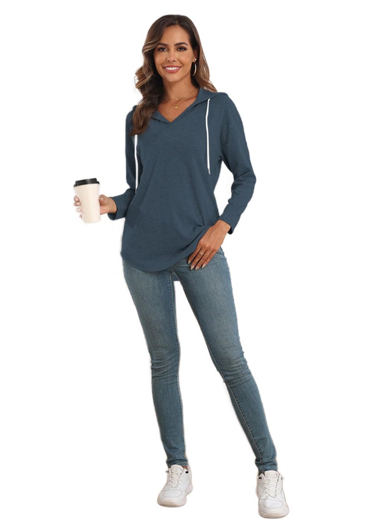 Poetsky Lightweight Athletic Hoodies for Women Long Sleeve V Neck Hooded Sweatshirts (Blue M) - Image 5