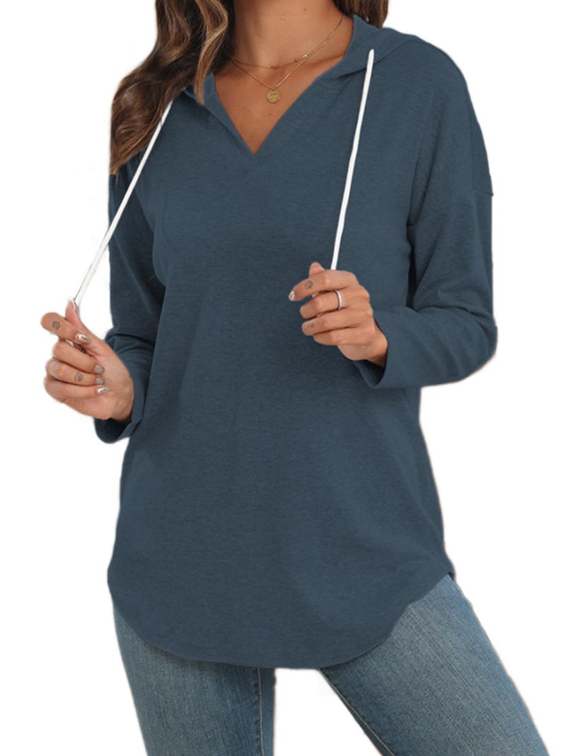 Poetsky Lightweight Athletic Hoodies for Women Long Sleeve V Neck Hooded Sweatshirts (Blue M) - Image 3