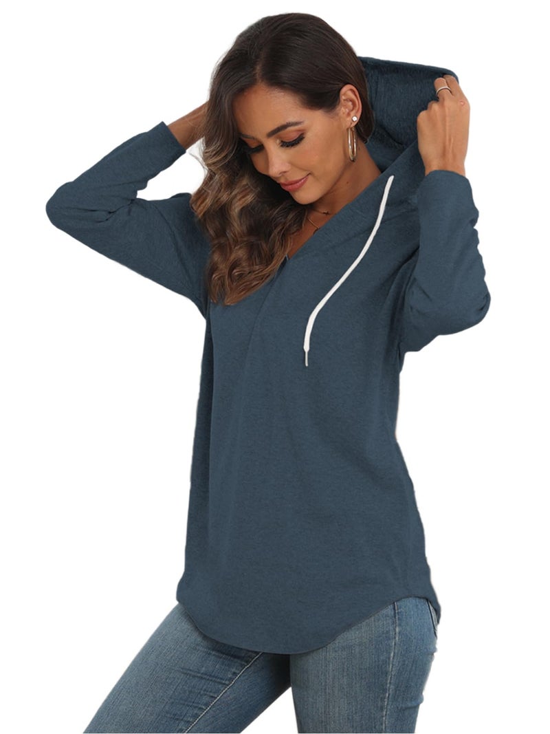 Poetsky Lightweight Athletic Hoodies for Women Long Sleeve V Neck Hooded Sweatshirts (Blue M) - Image 4