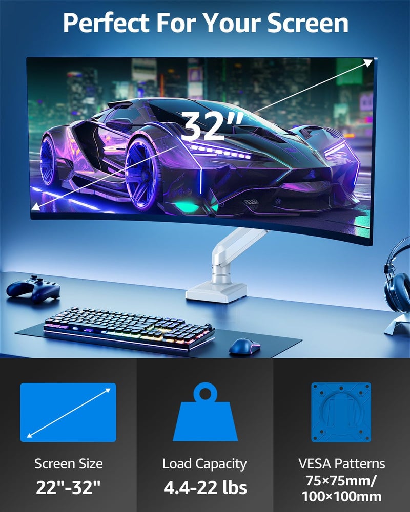 MOUNTUP حامل شاشة مفرد لشاشة 13-32 بوصة، ذراع نابض غازي، للاستخدام في الألعاب والمكتب المنزلي، VESA 75x75mm و 100x100mm، فري ليفت برو أبيض - Image 2