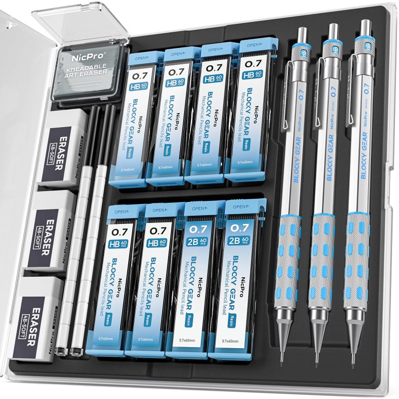 نيكبرو مجموعة أقلام رصاص ميكانيكية من نيكبرو، 3 قطع، 0.7 مم، في علبة، أقلام رصاص معدنية من سلسلة بلوكي جير مع 8 عبوات إعادة تعبئة للرصاص (HB و2B)، ممحاة للكتابة الفنية الاحترافية وللبالغين، والرسم الهندسي، والتخطيط. - Image 1