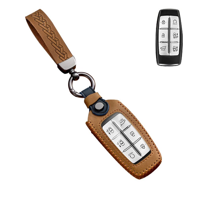 SANRILY FLL Production Leather Key Fob Cover for Genesis GV80 2021 2022 G80 GV70 G90 G70 Keyless 468 Button Key Case Shell with Keychain Brown