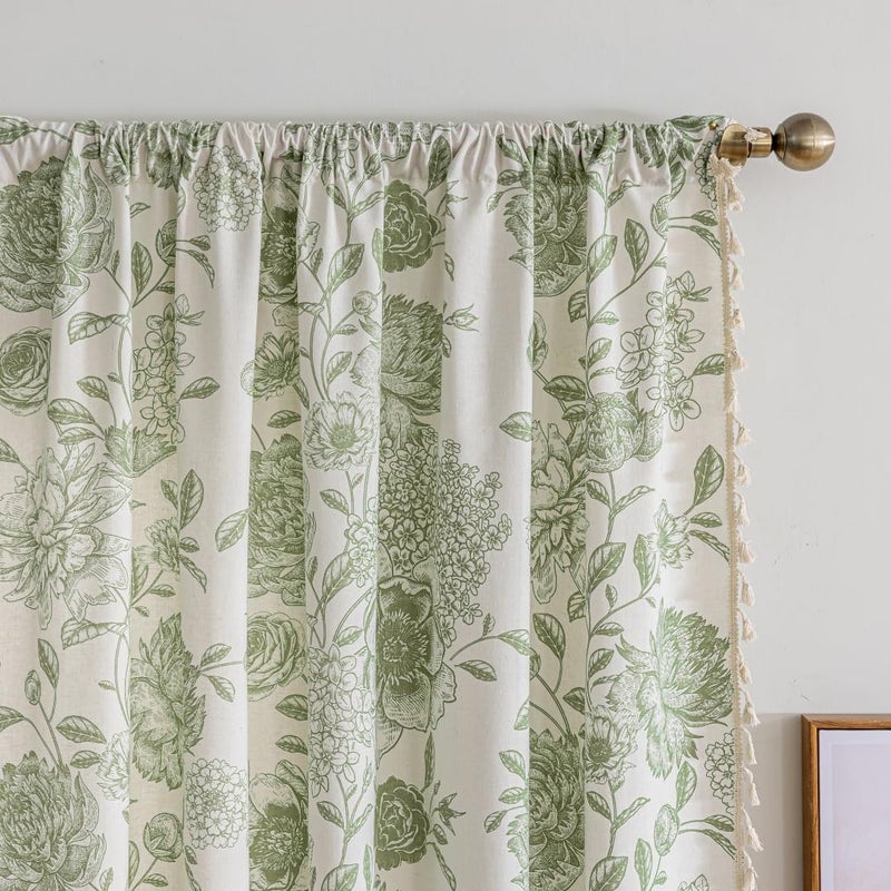 F-CHU Sage Green Floral Curtains Bohemian Drapes 72 Inch Length Cotton Linen Boho Window Curtain with Tassel Rod Pocket Bedroom Macrame Drapes Flower Curtains, 2 Panel 52" W x 72" L - Image 4
