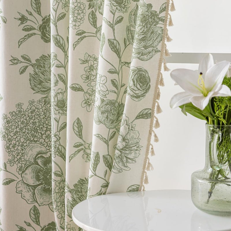 F-CHU Sage Green Floral Curtains Bohemian Drapes 72 Inch Length Cotton Linen Boho Window Curtain with Tassel Rod Pocket Bedroom Macrame Drapes Flower Curtains, 2 Panel 52" W x 72" L - Image 5
