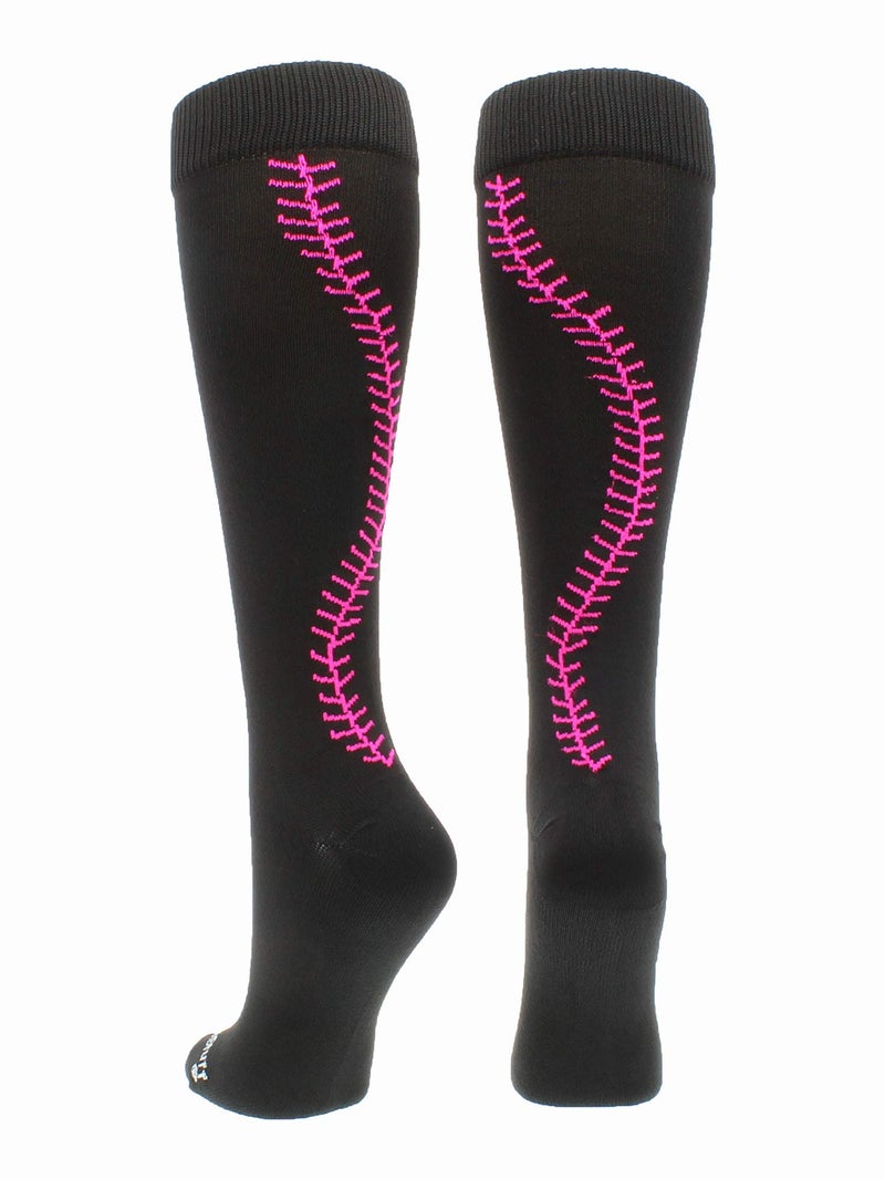 MadSportsStuff Softball Socks with Stitches Over the Calf (Black/Neon Pink, Small) - Image 1