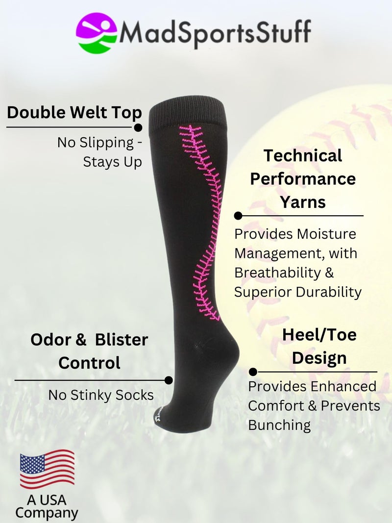 MadSportsStuff Softball Socks with Stitches Over the Calf (Black/Neon Pink, Small) - Image 5