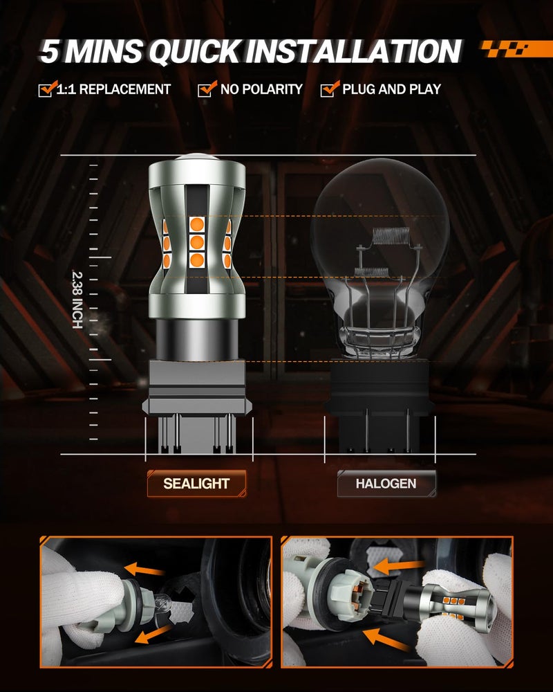 SEALIGHT مصباح إشارة LED أمامي SEALIGHT، مصباح LED 3157 أصفر كهرماني 2700K مع عدسة محدبة مركزة، أكثر سطوعًا من المصابيح العادية، أيضًا لمصابيح إضاءة الانتظار، مصابيح الإضاءة الخلفية، 2 قطعة/عبوة - Image 5
