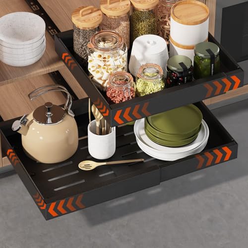 Landmok 1 Pack Expandable Pull Out Cabinet Organizer 16.5" Deep, Adjustable Width 12.6"-20.5", No Drill Adhesive with Triple Track Rails, Heavy Duty Slide Out Drawers for Kitchen,Pantry,Cabinets,Black - Image 1