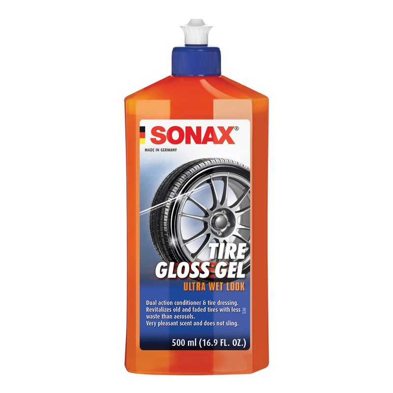 SONAX Tire Gloss Gel 235200 | Long-Lasting Rubber Conditioner for a Semi-Gloss finish on Tires | Deep Black Revitalization with Silicone Protection | Cleans, Conditions & Repels Dirt for Weeks | 500ml - Image 1