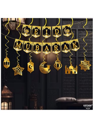Gold and Black Eid Mubarak Banner and Garland Set Pack of 17 for Eid Decoration - view 4