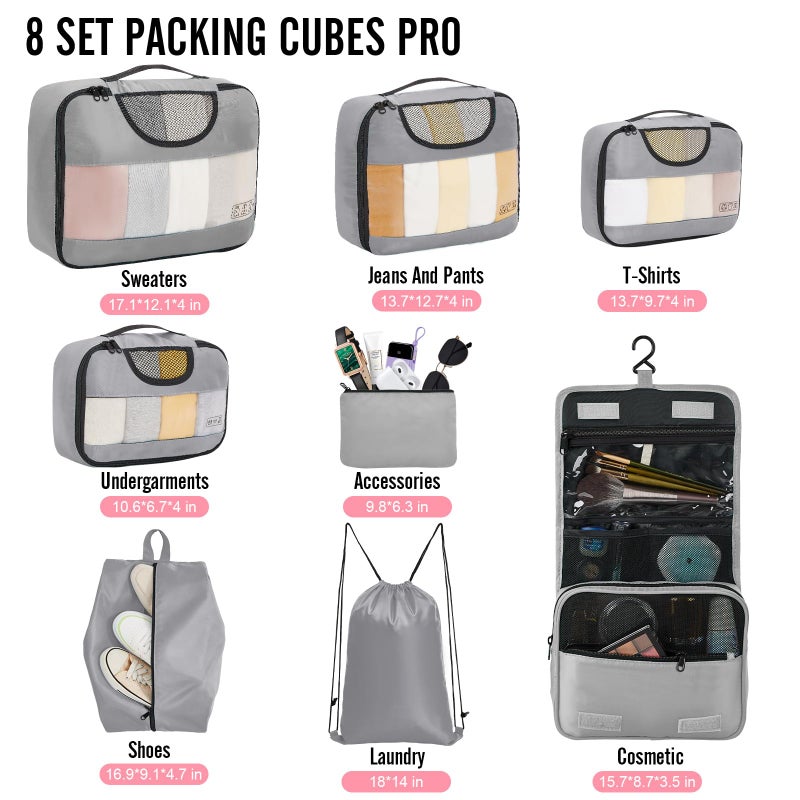 Veken 8 Set Packing Cubes for Suitcases, Travel Bag Organizers for Carry on Luggage, Suitcase Organizer Bags Set for Travel Essentials Travel Accessories in 4 Sizes(Extra Large, Large, Medium, Small) - Image 2
