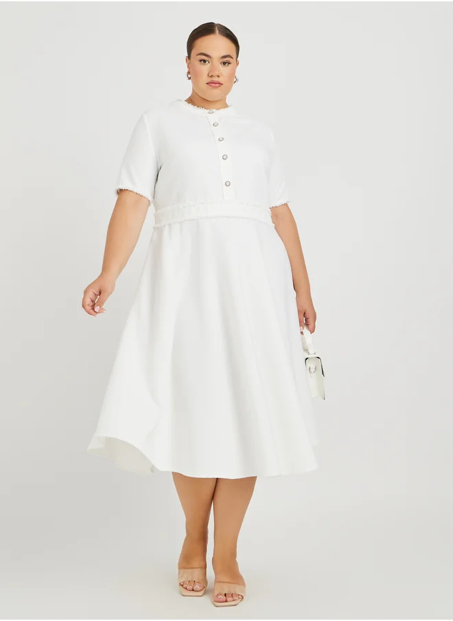 ستايلي Plus Size Solid Buttoned Short Sleeve A-Line Midi Dress