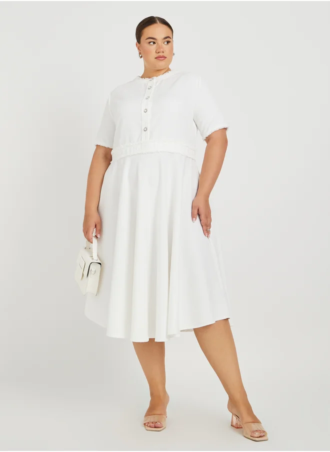 ستايلي Plus Size Solid Buttoned Short Sleeve A-Line Midi Dress
