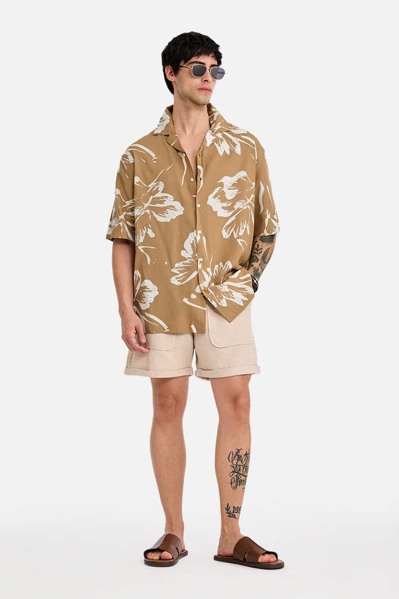 SNITCH Khaki Floral Half Sleeve Boxy Shirt