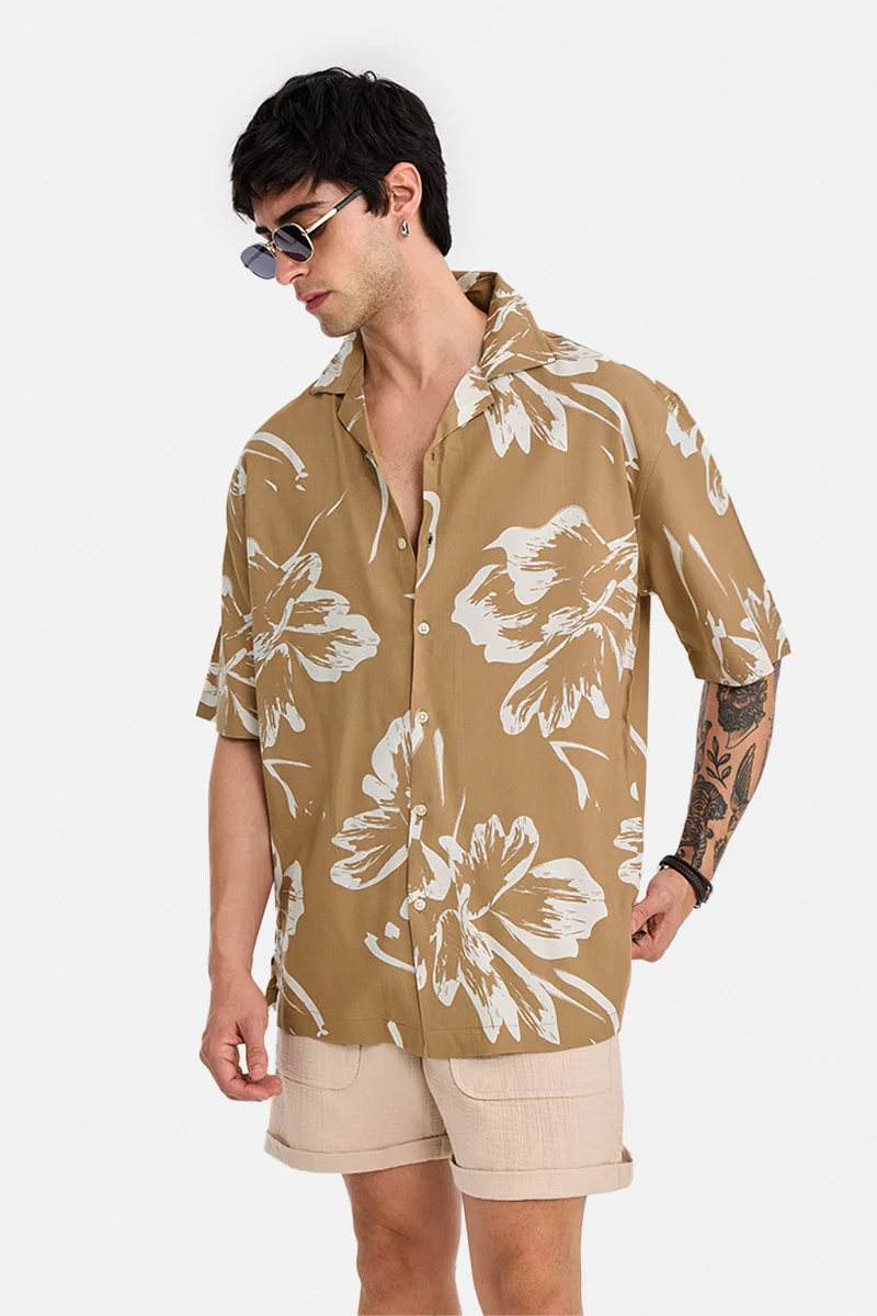 SNITCH Khaki Floral Half Sleeve Boxy Shirt