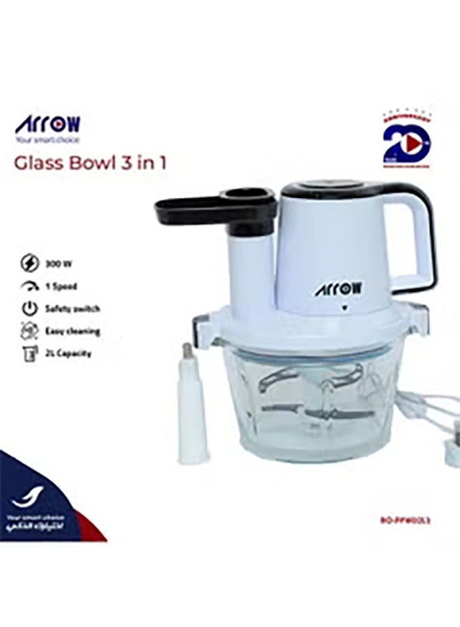 Arrow Arrow Bowl 3 in 1 Copping, 2LTR Glass Bowl, 300W | Slicing And Shredding Chopper| Burger Maker | Stainless Steel Double Blade | Plastic Body | One Speeds | Safety switch |White Color |Easy Cleaning | Model Name: RO-FPW02L3 - Image 1